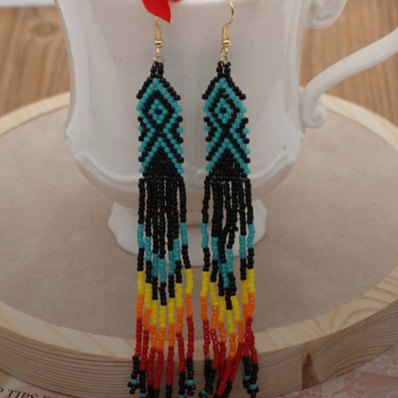Boho Festival Beaded Tassel Dangle Earrings Southwestern Hippie - Picture 3 of 5